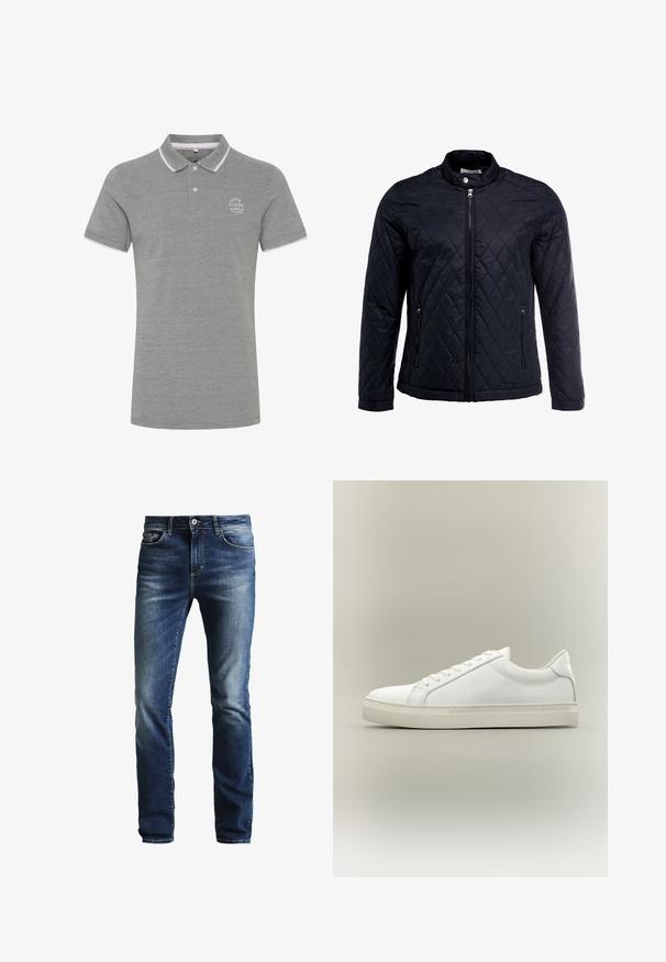 Veste noire matelassée avec col montant, fermeture éclair sur toute la longueur et deux poches latérales. Fabriquée en tissu lisse et léger avec un motif en losanges.; Polo gris à manches courtes avec une bordure blanche sur le col et les manches, deux boutons et un petit logo blanc sur la poitrine avec l’inscription « BLEND DENIM WITH ATTITUDE. »; Jeans en denim bleu foncé avec un lavage délavé, coupe droite, design à cinq poches et fermeture à bouton argenté. Présente des coutures contrastées.; Baskets blanches basses à lacets sur l’avant et semelle épaisse, vues de côté sur un fond neutre.