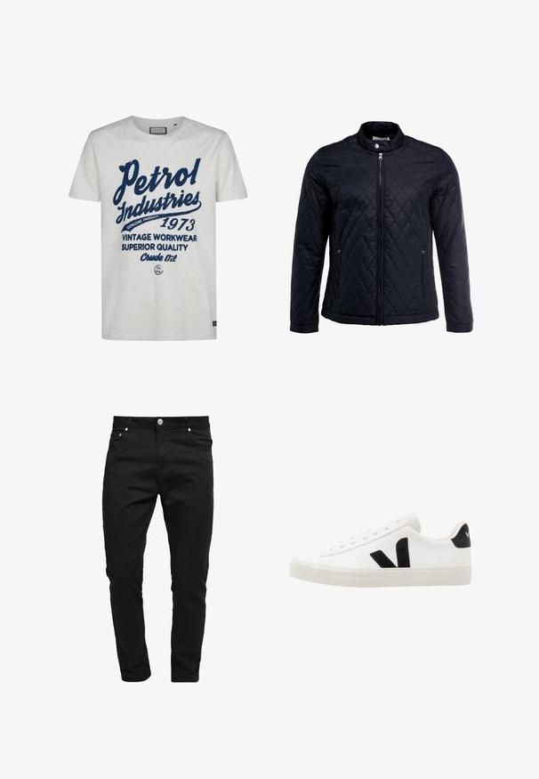 Sort quiltet jakke med ståkrave, fuld frontlynlås og to sidelommer. Fremstillet af glat, letvægtsstof med et diamantmønster.; Hvid t-shirt med korte ærmer, der har marineblå trykt tekst. Designet inkluderer "Petrol Industries," "1973," og accenter som "Genuine Product."; Sorte jeans lavet af denimstof, slim fit design, fem-lomme stil, metal knaplukning, med syninger og en glat tekstur.; Hvide lædersneakers med sorte ruskindsdetaljer; har en gummisål, rund tå og klassisk snørebåndsdesign. Side logo i sort.