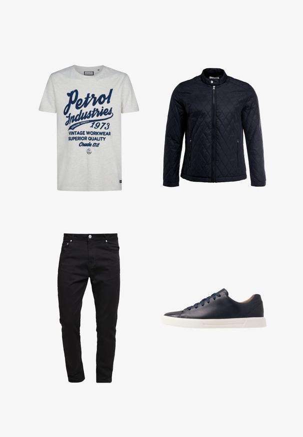 Sort quiltet jakke med ståkrave, fuld frontlynlås og to sidelommer. Fremstillet af glat, letvægtsstof med et diamantmønster.; Hvid t-shirt med korte ærmer, der har marineblå trykt tekst. Designet inkluderer "Petrol Industries," "1973," og accenter som "Genuine Product."; Sorte jeans lavet af denimstof, slim fit design, fem-lomme stil, metal knaplukning, med syninger og en glat tekstur.; Marineblå lædersneakers med en glat overflade, flad hvid gummisål, rund tå og seks marineblå snørebånd, der er trukket gennem runde øjer.
