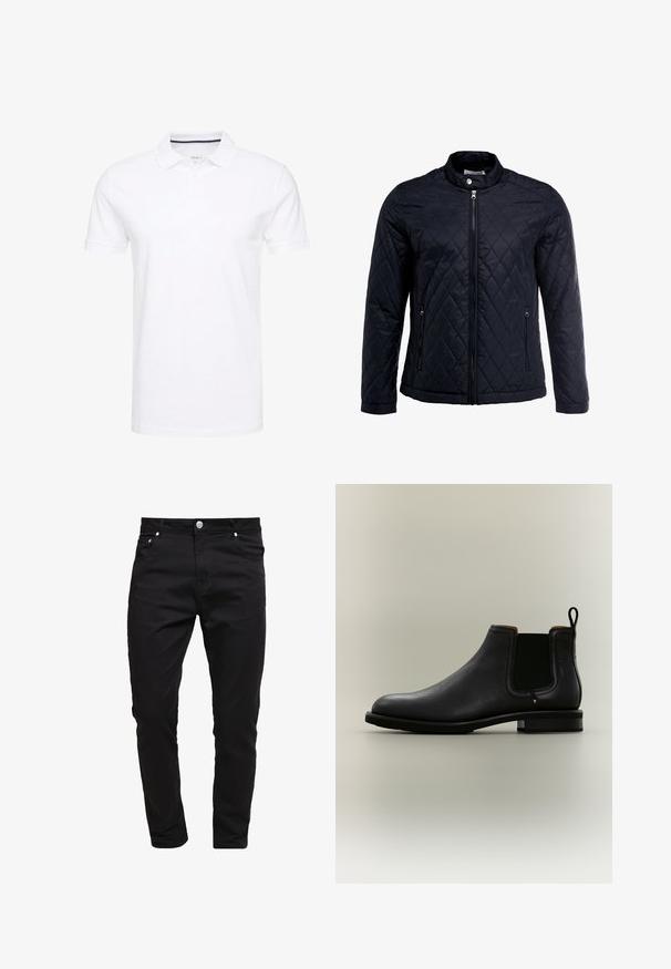 Veste noire matelassée avec col montant, fermeture éclair sur toute la longueur et deux poches latérales. Fabriquée en tissu lisse et léger avec un motif en losanges.; Polo shirt blanc en coton, avec un col traditionnel, des manches courtes et une patte de boutonnage à trois boutons, avec des accents navy discrets à l'intérieur.; Jean noir en tissu denim, design slim fit, style à cinq poches, fermeture à bouton métallique, avec des détails de couture et une texture lisse.; Bottine Chelsea en cuir noir avec panneaux latéraux élastiques et languette sur fond gris clair.