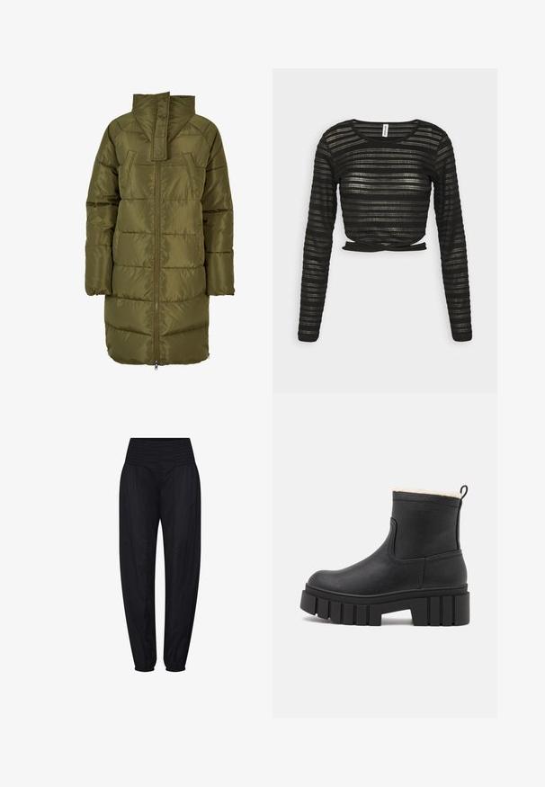 Abrigo acolchado de color verde oliva con un alto cuello, cierre de cremallera, botones a presión y bolsillos laterales. Presenta secciones cosidas para aislamiento.; Résumé PORTIA - Camiseta de manga larga - black; Pantalones negros de tiro alto con cintura fruncida y puños elásticos recogidos, ajuste suelto en las caderas y piernas estrechas.; Botín negro de cuero hasta el tobillo con un acabado texturizado, suela de plataforma y un forro de pelaje sintético en la parte superior, que cuenta con una pestaña en el talón.