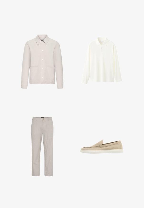 Beige casual jas met spitse kraag, knoopsluiting, lange mouwen en twee opgestikte zakken aan de voorkant, weergegeven op een witte achtergrond.; Polo met lange mouwen in off-white katoen, voorzien van een klassieke kraag, een knoopsluiting met drie knopen en een losse pasvorm zonder zichtbare patronen.; Lichtgrijze gestreepte broek, recht gesneden ontwerp, met een enkele knoopsluiting in de taille en twee voorkanten zakken. Gladde textuur.; Beige suède instappers met een gladde textuur, ronde neus en witte rubberen zool. Bevat minimalistische stikdetails en geen zichtbare hardware.
