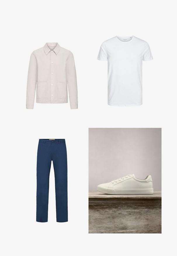 Veste décontractée beige avec col pointu, fermeture à boutons, manches longues et deux poches plaquées à l'avant, présentée sur un fond blanc.; T-shirt à col rond à manches courtes de couleur blanche unie, fabriqué en coton doux, avec un design simple sans motifs ni accents visibles.; Pantalon en coton bleu marine avec une coupe droite, doté d'une fermeture à boutons à l'avant et de poches latérales visibles. Texture lisse.; Sneaker en dentelle blanche flottant au-dessus d'un banc en bois avec un feuillage vert en arrière-plan, mettant en valeur le design et la texture de la chaussure.