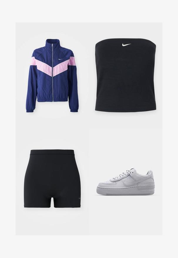 Navy Windbreaker-Jacke mit pinken Chevron-Streifen, Reißverschluss vorne, Stehkragen und elastischen Bündchen. Leichtes, glattes Material. Nike-Logo auf der Brust.; Schwarzes, trägerloses Nike Tube-Top mit weißem Swoosh-Logo, mittig nahe dem oberen Rand, einfarbiger Hintergrund.; Schwarze Sportshorts aus glattem, elastischem Material, mit einem mittelhohen Bund und einem kleinen Nike-Logo auf der linken Seite.; Graue Nike Air Force 1 Sneaker mit perforierter Zehenpartie, Obermaterial aus glattem Leder, dicker Sohle und geprägtem 'AIR'-Detail an der Ferse.