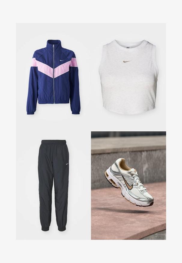 Navy Windbreaker-Jacke mit pinken Chevron-Streifen, Reißverschluss vorne, Stehkragen und elastischen Bündchen. Leichtes, glattes Material. Nike-Logo auf der Brust.; Weißes Crop-Top aus weichem, strukturiertem Stoff. Verfügt über einen runden Ausschnitt und einen ärmellosen Schnitt mit einem kleinen goldenen Nike-Logo auf der Vorderseite.; Schwarze Nike Jogginghosen aus leichtem Material, mit elastischem Bund und Bündchen, versehen mit einem kleinen weißen Logo am linken Bein.; Weißer und silberner Nike Laufschuh mit beigem Swoosh-Logo, gezeigt schwebend über einer Steinoberfläche mit verschwommenem grauem Wandhintergrund.