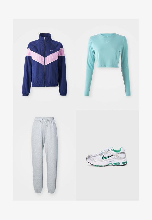 Maritieme windbreaker jack met roze chevronstrepen, ritssluiting aan de voorkant, staande kraag en elastische manchetten. Lichtgewicht, gladde stof. Nike-logo op de borst.; Lichtblauw cropped langarmshirt van gladde stof, met een ronde halslijn en een klein wit logo op de borst.; Lichtgrijze sweatpants gemaakt van een zachte katoenen mix, met een elastische tailleband met koord, taps toelopende benen en ribgebreide boorden. Minimale merkdetails.; Nike hardloopschoen in wit, zilver en groen. Bevat mesh en synthetische materialen, een gevoerde kraag en een gevoerde zool met zichtbare luchtunits.