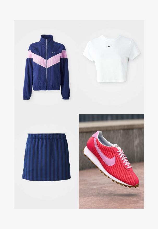 Marineblå vindjakke med pink chevron-striber, lynlås foran, stående krave og elastiske manchetter. Letvægts, glat stof. Nike-logo på brystet.; Hvid kortærmet t-shirt lavet af bomuld, med korte ærmer og rund halsudskæring, og med et sort Nike-logo på brystet.; Mørkeblå nederdel med lodrette striber, elastisk talje, længde til midten af låret, lavet af letvægtsstof, glat tekstur.; Lys pink og rød strikket sneakers med lyserød logo og snørebånd, hvid sål og brun bund flyvende over en betonoverflade.