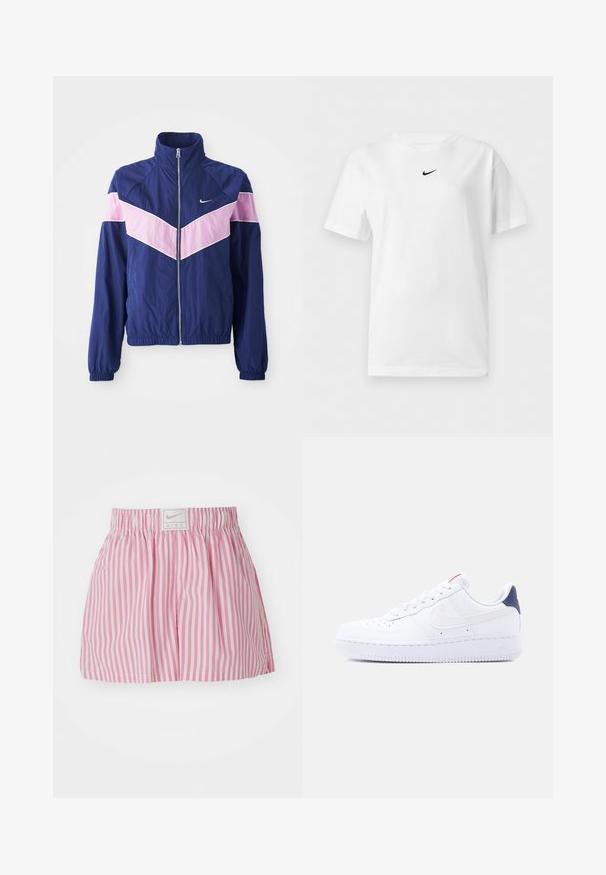 Navy Windbreaker-Jacke mit pinken Chevron-Streifen, Reißverschluss vorne, Stehkragen und elastischen Bündchen. Leichtes, glattes Material. Nike-Logo auf der Brust.; Weißes T-Shirt mit kurzen Ärmeln und Rundhalsausschnitt, mit einem kleinen schwarzen Nike Swoosh-Logo zentriert nahe dem Kragen.; Rosa-weiß gestreifte Shorts mit elastischem Bund und einem kleinen Nike-Logo-Patch auf der Rückseite. Hergestellt aus leichtem Stoff.; Weißer Sneaker mit niedrigem Schaft, Perforationen an der Spitze, weißen Schnürsenkeln, einem weißen Swoosh-Logo und einer dunkelblauen Fersenschlaufe.