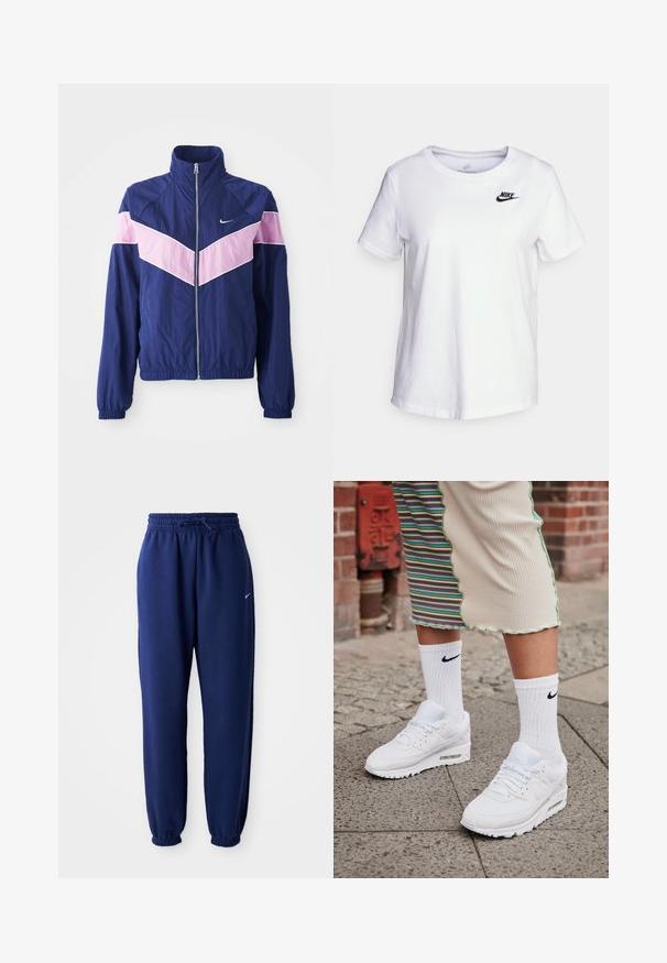Maritieme windbreaker jack met roze chevronstrepen, ritssluiting aan de voorkant, staande kraag en elastische manchetten. Lichtgewicht, gladde stof. Nike-logo op de borst.; Witte katoenen t-shirt met een ronde halslijn en korte mouwen. Bevat een zwart Nike-logo op de bovenlinker borst.; Marineblauwe joggingbroek van zachte stof, met een elastische tailleband met trekkoord, elastische boorden en een klein wit logo.; Witte Nike Air Max 90 sneakers met een bovenwerk van mesh en leer, voorzien van een zichtbare luchtunit, gecombineerd met witte geribbelde sokken met een zwart logo.