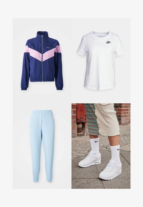 Navy sinapu säärjakk ku pinkide chevron-ribadega, lukuga ees, seisva kraega ja elastsete mansettidega. Kerge, sile materjal. Nike logo rinnal.; Valkoinen puuvillapaita, jossa on pyöreä kaula-aukko ja lyhyet hihat. Paidassa on musta Nike-logo vasemmassa ylärintakaarteessa.; Valaise vaaleansiniset juoksuhousut, jotka on valmistettu pehmeästä materiaalista. Housuissa on sileä pinta, kapenevat lahkeet ja hienovarainen logoväri sivussa.; Valkoiset Nike Air Max 90 -tennarit, joissa on verkkokangasta ja nahkaa, varustettuna näkyvällä ilma-yksiköllä, yhdistettyinä valkoisiin ribattuihin sukkiin, joissa on musta logo.