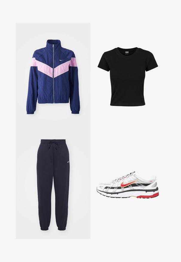 Cazadora ligera de estilo navy con rayas en chevron rosa, cierre de cremallera al frente, cuello alto y puños elásticos. Fabricada en tejido suave. Logo de Nike en el pecho.; Camiseta negra de manga corta fabricada en algodón suave, con un cuello redondo y un corte ajustado. Sin patrones ni acentos visibles.; Pantalones de chándal Nike en azul marino, hechos de un material suave. Cuenta con una cintura elástica con cordón y tobillos ajustados. Pequeño acento con el logo blanco.; Zapatillas deportivas en blanco y negro con detalles en rojo y dorado. Presentan una parte superior de malla, una suela acolchada y un diseño de cierre con cordones seguro.