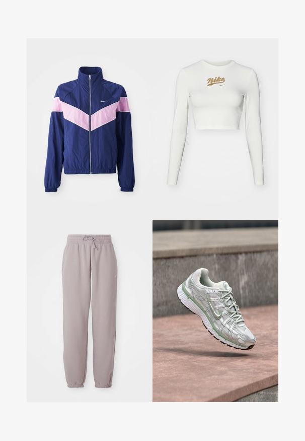 Marineblå vindjakke med pink chevron-striber, lynlås foran, stående krave og elastiske manchetter. Letvægts, glat stof. Nike-logo på brystet.; Hvid langærmet crop top lavet af glat stof, med et guld Nike-logo tryk på brystet og en klassisk rund halsudskæring.; Lys mauve fleece sweatpants med elastisk talje, snor, sidelommer og elastiske manchetter, vist fladt mod en hvid baggrund.; Hvid og lysegrøn Nike sneaker i luften over en stensurface med en sløret grå stenbaggrund.