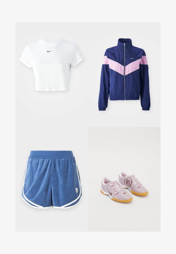 Marineblå vindjakke med pink chevron-striber, lynlås foran, stående krave og elastiske manchetter. Letvægts, glat stof. Nike-logo på brystet.; Hvid kortærmet t-shirt lavet af bomuld, med korte ærmer og rund halsudskæring, og med et sort Nike-logo på brystet.; Blå terry-klud atletikshorts med elastisk taljebånd og hvid kant langs kanter og sider.; Lilla syntetiske atletik sko med en struktureret overdel, lyserøde snørebånd, en synlig rød '90' detalje og en gummisål.