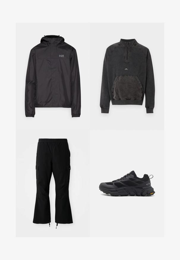 Helly Hansen VANCOUVER FLEECE LINED JACKET - Αδιάβροχο μπουφάν - black; Μαύρο φούτερ με μισό φερμουάρ, τσέπη καγκουρό, ριμπ περιλαίμια και μανσέτες, και μικρό λογότυπο "A C W" στο στήθος.; Μαύρο cargo παντελόνι με ελαστική μέση, που διαθέτει πλάγιες τσέπες και φαρδιά πόδια με φερμουάρ στους αστραγάλους, παρουσιασμένο σε λευκό φόντο.; Μαύρα αθλητικά παπούτσια με χοντρή σόλα, επάνω μέρος από διχτυωτό και συνθετικό υλικό, υφιστάμενες λεπτομέρειες και σήμανση Vibram στη σόλα.