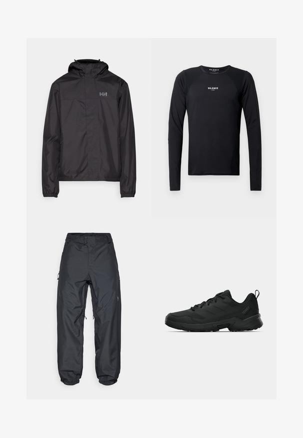 Helly Hansen VANCOUVER FLEECE LINED JACKET - Αδιάβροχο μπουφάν - black; Μαύρο αθλητικό μπλουζάκι με μακριά μανίκια, φτιαγμένο από λείο και ελαφρύ ύφασμα. Διαθέτει στρογγυλή λαιμόκοψη, μανίκια ραγλάν και διακριτό λογότυπο στο στήθος.; Μαύρο αδιάβροχο παντελόνι με χαλαρή εφαρμογή, διαθέτοντας δύο κουμπιά στη μέση, ρυθμιζόμενους καρπούς και τσέπες με φερμουάρ στο πλάι.; Μαύρο αθλητικό παπούτσι με υφή στην επάνω επιφάνεια, ενισχυμένη μύτη, ανθεκτική εξωτερική σόλα και θηλιά στο πίσω μέρος για εύκολη τοποθέτηση.