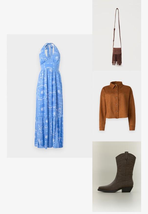 Beskyttet brun imitation suede skjortejakke med krave, knaplukning og lange ærmer. Har matte metalknapper foran.; Blå halterneck maxikjole med blomster- og paisleymønstre, lagdelt skørt og en afslappet pasform. Blødt stof med en let tekstur.; Mellemhøj brun læder cowboystøvle med spids snude, dekorativ syning, trækstrop og skråt blokhælk på neutral baggrund.; Brun ruskind crossbody taske med lang rem, syet dekorativt mønster på klappen og hængende frynsetassels langs nederste kant.