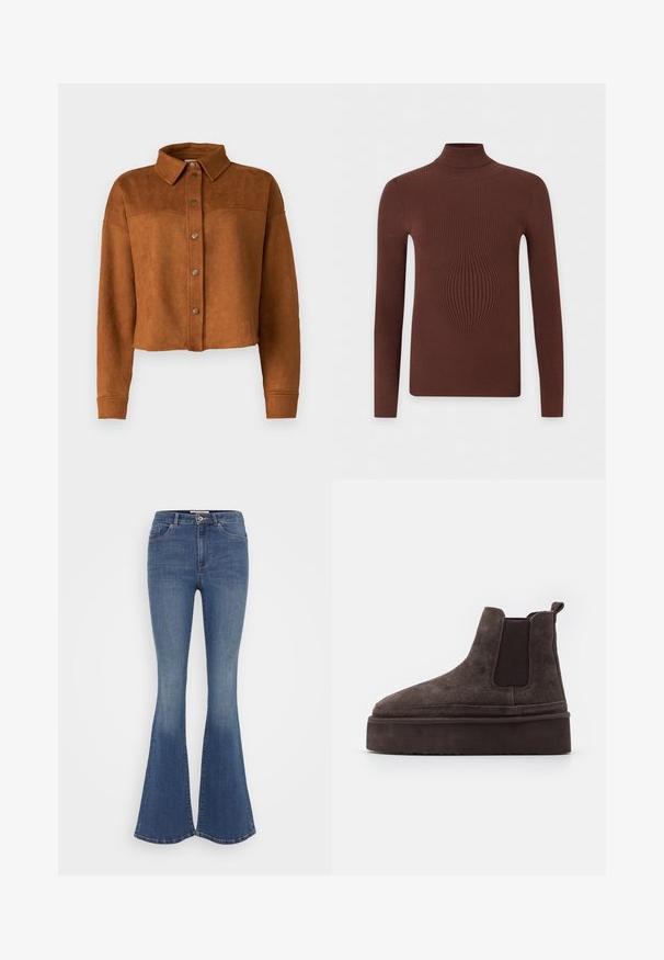 Veste chemise en faux suède brun, raccourcie, avec un col, une fermeture à boutons et des manches longues. Présente des pressions en métal mat à l'avant.; Pull marron à manches longues en maille côtelée avec col roulé et silhouette ajustée sur un fond blanc uni.; Jean en denim bleu évasé à taille haute, doté de cinq poches, d'une fermeture à bouton à l'avant et d'une finition légèrement décolorée au niveau des cuisses.; Bottes Chelsea en suède marron avec des panneaux latéraux élastiques et une semelle épaisse et texturée. Elles comportent une languette au talon pour un enfilage facile.