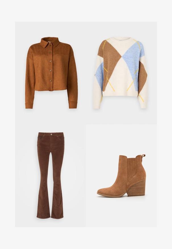 Beskyttet brun imitation suede skjortejakke med krave, knaplukning og lange ærmer. Har matte metalknapper foran.; Noisy May NMARMIE ARGYLE - Striktrøje - cloud dancer/multi coloured; Brune fløjl flared jeans med en glat overflade, fem lommer og en enkelt metalknap i taljen.; Brune ruskind ankelstøvle med spids tå, ribbede sidelæder og en stablet hæl. Har en pull-tab for nem påtagning.