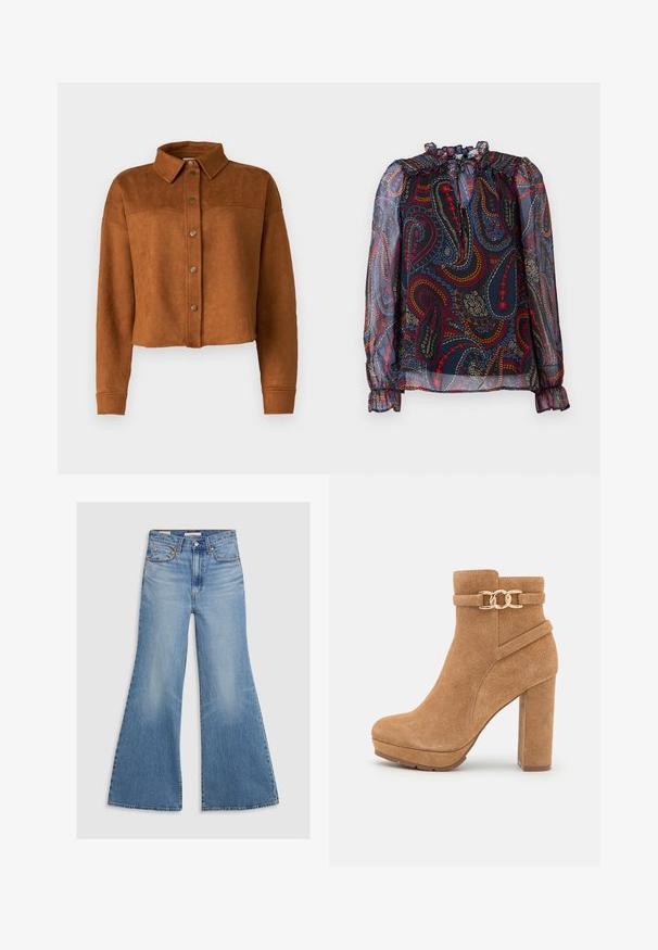 Beskyttet brun imitation suede skjortejakke med krave, knaplukning og lange ærmer. Har matte metalknapper foran.; Gennemsigtig bluse med en flæsekrave og pufærmer. Har et flerfarvet paisley-mønster på en mørk baggrund. Elastiske manchetter.; Lysvasket denim flared jeans med høj talje, frontlommer og bronze hardware. Stoffet har en falmet tekstur med en glat finish.; Anna Field LEATHER - Plateaustøvletter - cognac