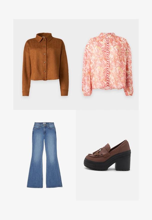 Veste chemise en faux suède brun, raccourcie, avec un col, une fermeture à boutons et des manches longues. Présente des pressions en métal mat à l'avant.; Blouse rose transparente avec des tournesols floraux en rouge et or, col rond, fermeture à boutons sur le devant, poignets élastiqués et ourlet droit.; Jean en denim bleu évasé avec taille haute, cinq poches et coutures contrastées ; texture lisse et lavage classique.; Mocassins en cuir marron avec un bout arrondi, des accents à pampilles, des détails cousus, et un épais talon en caoutchouc noir avec une semelle texturée.