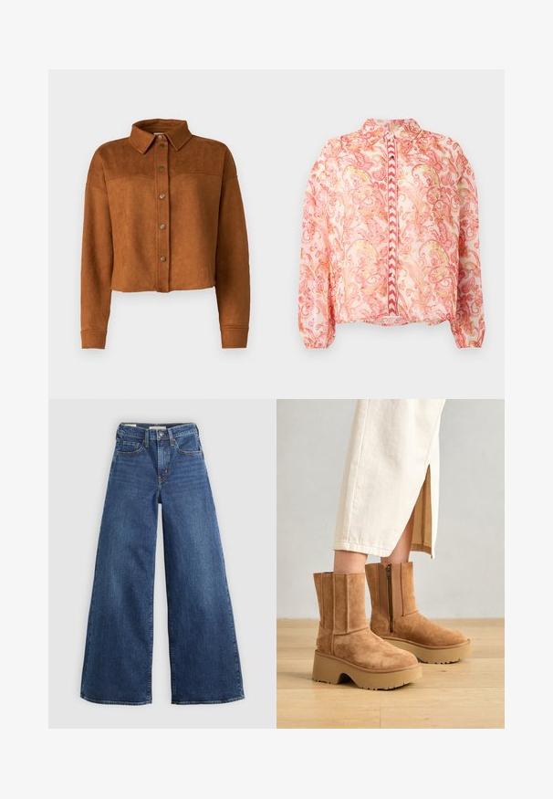 Beskyttet brun imitation suede skjortejakke med krave, knaplukning og lange ærmer. Har matte metalknapper foran.; Gennemsigtig lyserød bluse med blomsterlignende mønstre i rød og guld, rund krave, foran knaplukning, elastiske ærmer og lige kant.; Bredde jeans i blå denim med fem lommer, knaplukning og kontraststing, der har en blød og tekstureret overflade.; Brune suede ankelstøvler med en kraftig platformsål, lynlås på siden og lodrette syninger, parret med en beige nederdel.