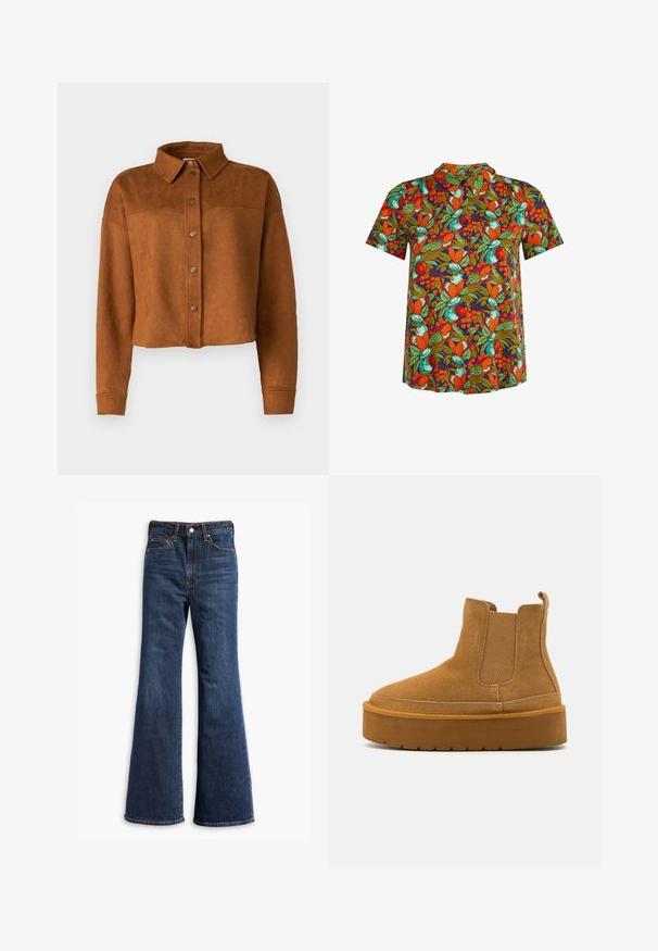 Veste chemise en faux suède brun, raccourcie, avec un col, une fermeture à boutons et des manches longues. Présente des pressions en métal mat à l'avant.; Chemise à manches courtes boutonnée avec un motif vibrant de fruits orange, verts et bleu sarcelle sur fond sombre.; Jeans en denim bleu foncé taille haute avec jambes évasées, fermeture à boutons et zip à l'avant, et conception à cinq poches.; Even&Odd Wide Fit Bottes de neige - cognac
