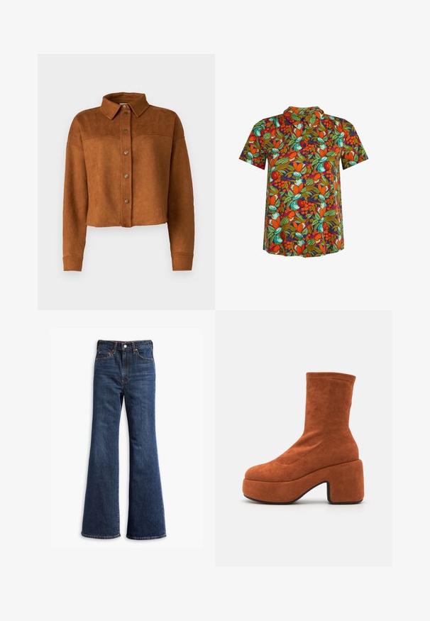 Veste chemise en faux suède brun, raccourcie, avec un col, une fermeture à boutons et des manches longues. Présente des pressions en métal mat à l'avant.; Chemise à manches courtes boutonnée avec un motif vibrant de fruits orange, verts et bleu sarcelle sur fond sombre.; Jeans en denim bleu foncé taille haute avec jambes évasées, fermeture à boutons et zip à l'avant, et conception à cinq poches.; Bottes chelsea en daim marron avec un talon bloc et une semelle plateforme. L'empeigne présente une texture lisse et des détails de coutures, s'étendant jusqu'au milieu du mollet.