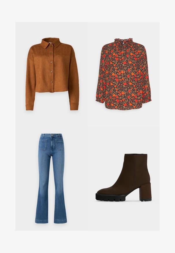 Korte bruine nepbont shirtjack met een kraag, knoopsluiting en lange mouwen. Voorzien van matte metalen drukknoopsluitingen aan de voorkant.; Anna Field Petite by Zalando Blouse - black; Gelaste blauwe spijkerbroeken van denim met een middellange taille, voorzien van twee achterzakken en een schone zoom. Soepele textuur en klassiek ontwerp.; Donkerbruine enkellaars met een stevige hoge hak en geribbelde zwarte zool op een effen lichte achtergrond.