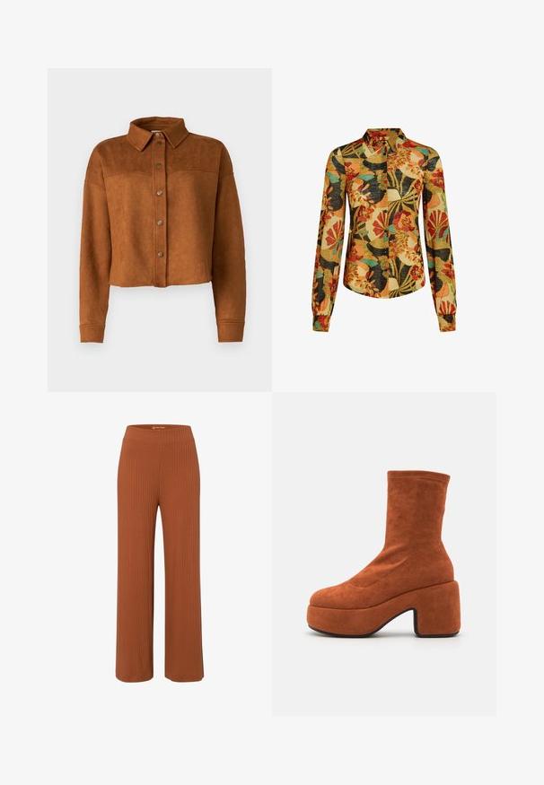 Beskyttet brun imitation suede skjortejakke med krave, knaplukning og lange ærmer. Har matte metalknapper foran.; Langærmet skjorte med et livligt blomstermønster i orange, rød og teal mod en sort og tan baggrund, med en knap-op design.; Rustfarvede bukser med vidde, lavet af ribbet stof med elastisk talje, der har en glat tekstur og en afslappet pasform.; Brune ruskind ankelstøvler med blokhæl og platformssål. Overdelen har en glat tekstur og syninger, der strækker sig til midten af læggen.