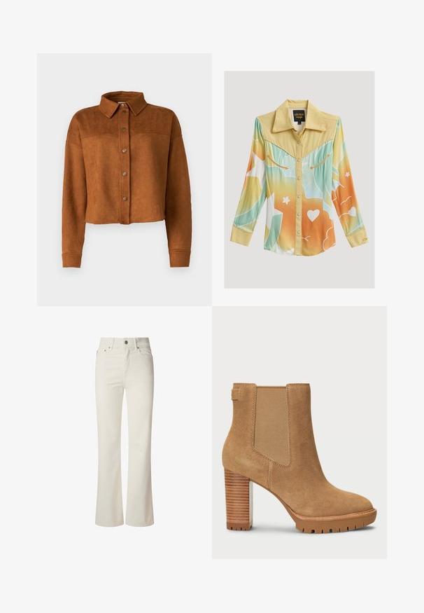 Beskyttet brun imitation suede skjortejakke med krave, knaplukning og lange ærmer. Har matte metalknapper foran.; Langærmet western-skjorte med gul bærestykke, gradient i pastelblå, orange og hvide mønstre, trykknapper og dekorative pil-syninger på brystlommerne.; Hvide flagrende jeans lavet af denim. Har en høj talje, fem lommer og metallisk knaplukning. Glat tekstur uden synlige mønstre.; Tan ruskindsankelstøvle med blokhæl, elastisk sidepanel og gummisål med et mønster for bedre greb.