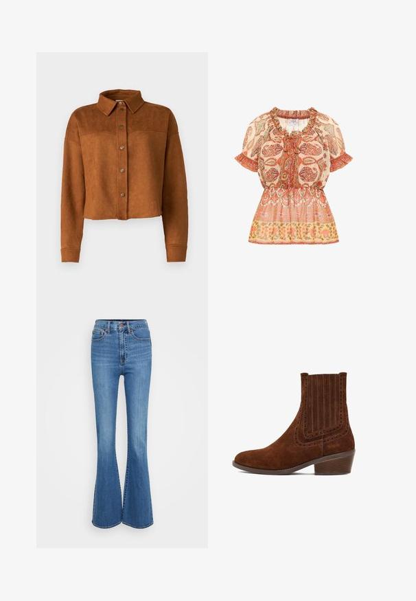 Beskyttet brun imitation suede skjortejakke med krave, knaplukning og lange ærmer. Har matte metalknapper foran.; Bluse med en samlet halsudskæring og korte ærmer; har et blomster-paisley mønster i orange, hvidt og guldtoner, med en indsnævret talje.; Blå denim jeans med bredde i bunden og høj talje, med stiklommer, metalknap og en glat struktur. Klassisk fem-lommes design.; Brune suede ankelstøvle med en spidset form, lodrette syninger og perforerede detaljer langs siderne. Indeholder en lav, stablet hæl.