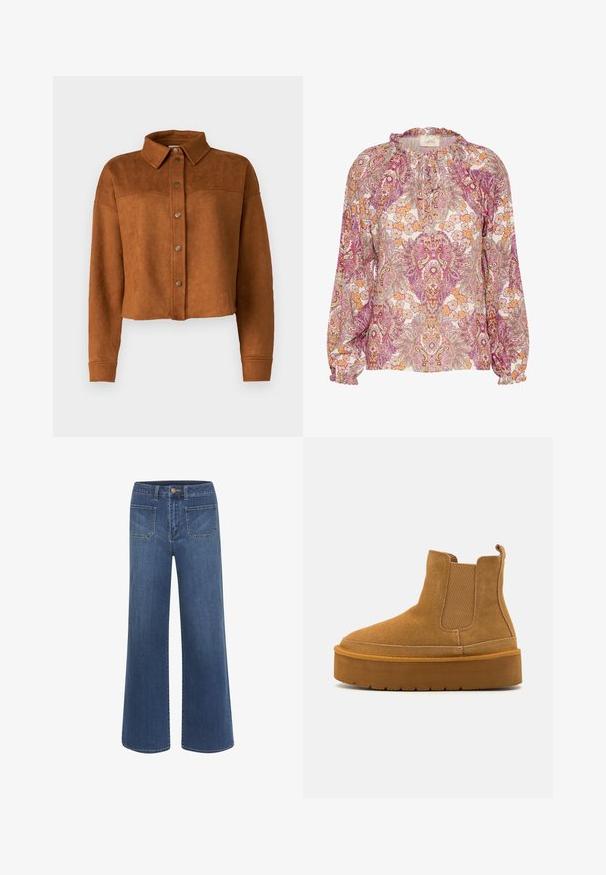 Veste chemise en faux suède brun, raccourcie, avec un col, une fermeture à boutons et des manches longues. Présente des pressions en métal mat à l'avant.; Blouse à manches longues avec un motif paisley multicolore, des poignets élastiques, un col froncé et un tissu doux dans des teintes de rose, orange et crème.; Jean à jambes larges en denim bleu foncé avec une texture lisse, doté d'une fermeture à boutons, de cinq poches et de coutures contrastantes.; Even&Odd Wide Fit Bottes de neige - cognac