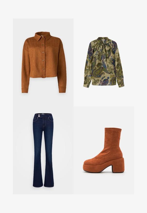 Beskyttet brun imitation suede skjortejakke med krave, knaplukning og lange ærmer. Har matte metalknapper foran.; Langærmet bluse med grøn bund og flerfarvet paisley-mønster, med høj hals, der er bundet med en sløjfe foran.; Mørkeblå jeans med vidde, lavet af denim, med høj talje, to forlommer og lynlås- og knaplukning med kontrastsyning.; Brune ruskind ankelstøvler med blokhæl og platformssål. Overdelen har en glat tekstur og syninger, der strækker sig til midten af læggen.
