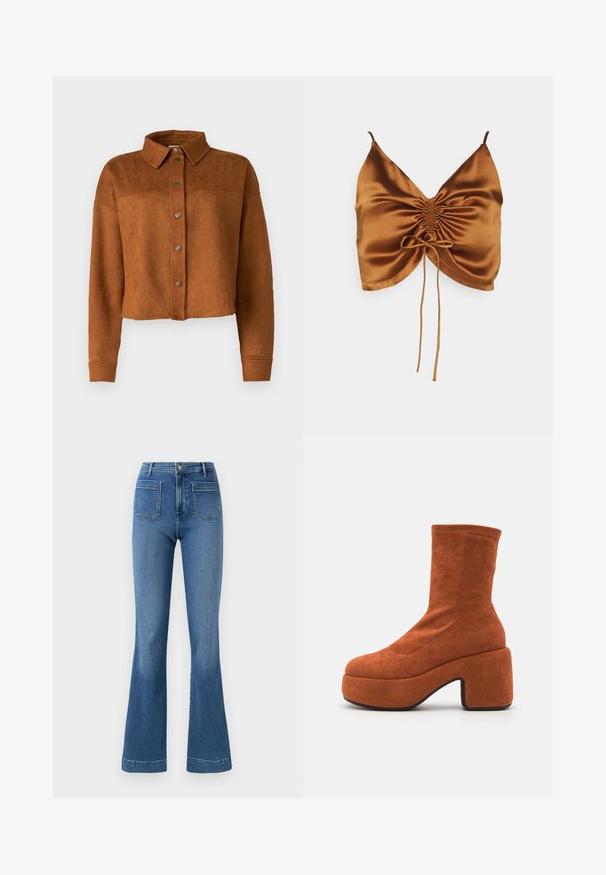 Skratená hnedá koženka z imitácie semišu s golierom, zapínaním na gombíky a dlhými rukávmi. Má matné kovové cvoky vpredu.; Even&Odd by Zalando CAMI RUSHING FRONT - Top - 708 - cognac; Modré rozšírené džínsy vyrobené z denimu s stredným pásom, obsahujúce dve zadné vrecká a čistý lem. Hladká textúra a klasický dizajn.; Hnedé semišové členkové topánky s blokovým podpätkom a platformovou podrážkou. Zvršok má hladkú textúru a švové detaily, siahajúce po strednú časť lýtok.
