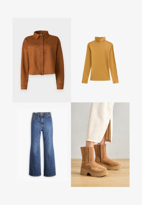 Beskyttet brun imitation suede skjortejakke med krave, knaplukning og lange ærmer. Har matte metalknapper foran.; Sennepsgul turtleneck top af ribstrikket stof med lange ærmer og en tætsiddende pasform. Glat tekstur med høj hals.; Højtaljede blå denimjeans med bred ben-design, som har en frontlomme, messingknaplukning og kontrastsyninger.; Brune suede ankelstøvler med en kraftig platformsål, lynlås på siden og lodrette syninger, parret med en beige nederdel.