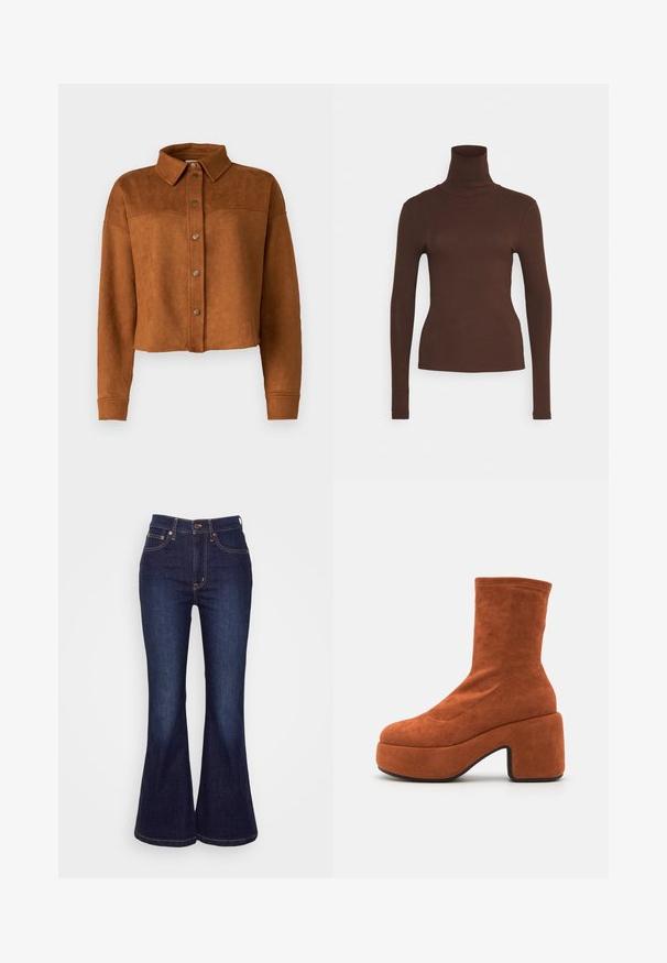 Lühem pruun faux nahast särk-jakk, millel on krae, nööpide sulgemine ja pikad varrukad. Ees on matt metallist kinnitused.; Pieces PCKITTE ROLLNECK - Pikkade varrukatega topp - chicory coffee; Tumedad sinised flared teksad, mis on valmistatud denimist; omad kõrge vöökoht, esi nööbiga kinnitamine ja peened õmblused taskute ja õmbluste ääres.; Pruunist nahast pahkluu saapad, millel on plokk-kand ja platvormpõhi. Pealmine osa on sileda tekstuuri ja õmblustega, ulatudes kuni põlve keskpunktini.