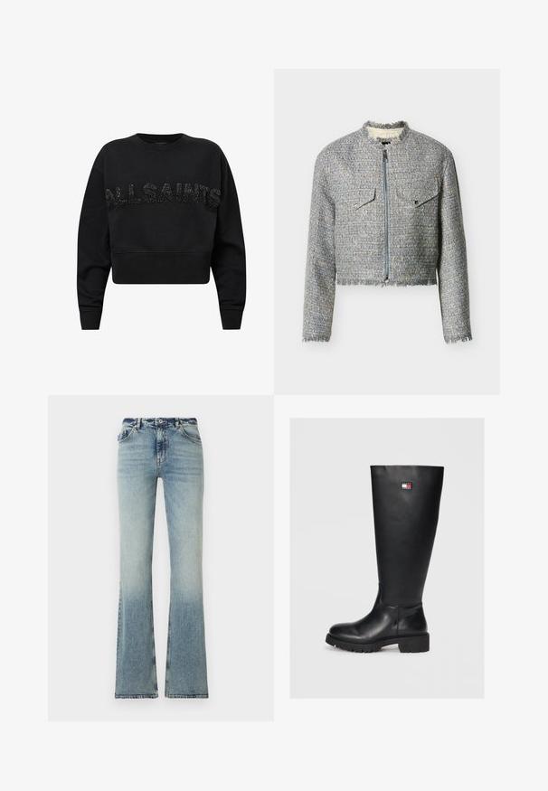 Kort jakke i meleret blå og beige tweed med lynlås foran, to brystlommer og frynset kant.; Sort cropped sweatshirt lavet af blødt stof, med "ALLSAINTS" i teksturerede sorte accenter på forsiden. Rund hals og lange ærmer.; Lyseblå, højttaljede denimjeans med svajede ben, knap- og lynlåslukning foran samt fem lommer.; Sorte knæhøje støvler lavet af glat læder med en tekstureret gummisål, der har en lille logo-patch i rød, hvid og blå.