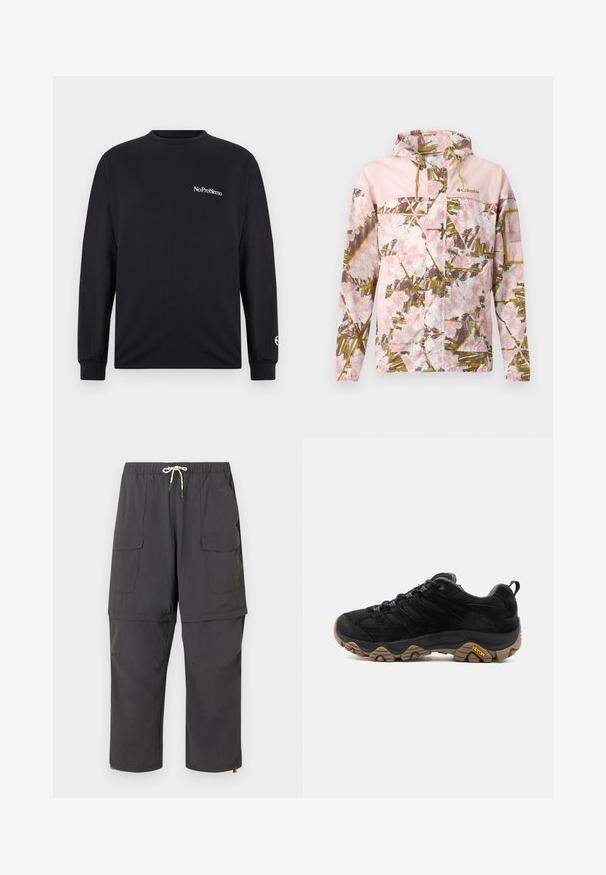 Veste à capuche Columbia rose clair avec motif camouflage floral et feuilles, fermeture éclair avant et poches, poignets élastiques et logo sur la poitrine.; T-shirt noir à manches longues en coton. Présente le texte "No Problemo" sur la poitrine et un logo sur la manche. Encolure ronde et poignets ajustés.; Pantalons cargo convertibles gris foncé avec taille à cordon, poches à rabat et jambes zippées qui se transforment en shorts.; Chaussure de randonnée noire avec semelle Vibram marron robuste, dessus en mesh et en daim, design à lacets et languette arrière, vue de côté extérieur.
