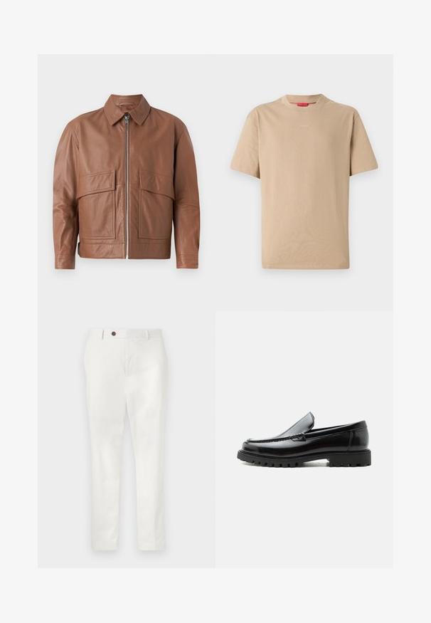 Brun læderjakke med krave, frontlynlås og to store flade lommer. Glat tekstur og let cropped design.; Beige bomulds T-shirt med korte ærmer, rund halsudskæring og subtilt "HUGO" logo i midten. Glat overflade, afslappet pasform.; Hvide bukser lavet af letvægtsstof, med lige ben, en enkelt brun knap i taljen og minimalistisk stil.; Sort læderloafer med chunky gummisål, syet overdel og præget mærkenavn på hælen, vist i sideprofil på hvid baggrund.
