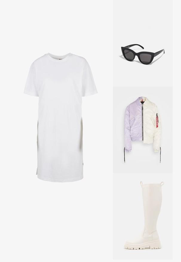 Alpha Industries MA-1 - Bomberjacks - jet stream white; Witte T-shirt jurk met korte mouwen, gemaakt van katoen, heeft een ontspannen pasvorm, een ronde halslijn en zijsplitten aan de zoom voor gemakkelijke bewegingsvrijheid.; Kniehoge witte rubberlaarzen met een stevige zool en elastische zijpanelen. Voorzien van trekhaken aan de bovenkant voor gemakkelijker aan- en uittrekken. Glad textuur.; Zwarte cat-eye zonnebril met een matte afwerking, voorzien van grijs getinte glazen, scherpe hoeken en slanke zijarmen. Merkennaam zichtbaar op de binnenarm.