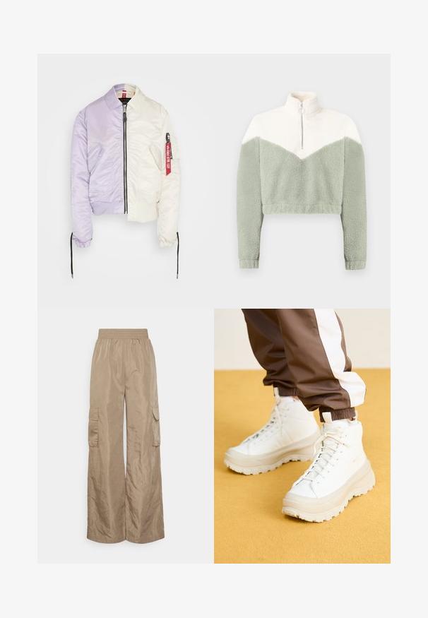Alpha Industries MA-1 - Bombera - jet stream white; Krátka flísová bunda s polovičným zipsom na golieri v krémovej a svetlozelenej farbe, so vzorom šikmých pruhov a mäkkou, textúrovanou tkaninou.; Even&Odd Tall by Zalando Kapsáče - beige; Biele vysoké tenisky s hrubou štruktúrovanou podrážkou, majúce hladký zvršok, okrúlu špičku a zladené šnúrky, na žltom pozadí.
