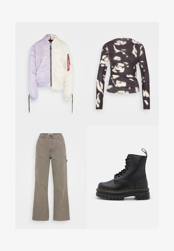 Alpha Industries MA-1 - Bombera - jet stream white; ONLY ONLPARIS RUCHING - Top s dlhým rukávom - phantom/white; BDG Urban Outfitters CARPENTER - Nohavice - washed grey; Čierna kožená šnurovacia čižma s hrubou podrážkou, žltým prešívaním, okrúhlou špičkou a pútkom na zadnej strane pre jednoduché obúvanie.