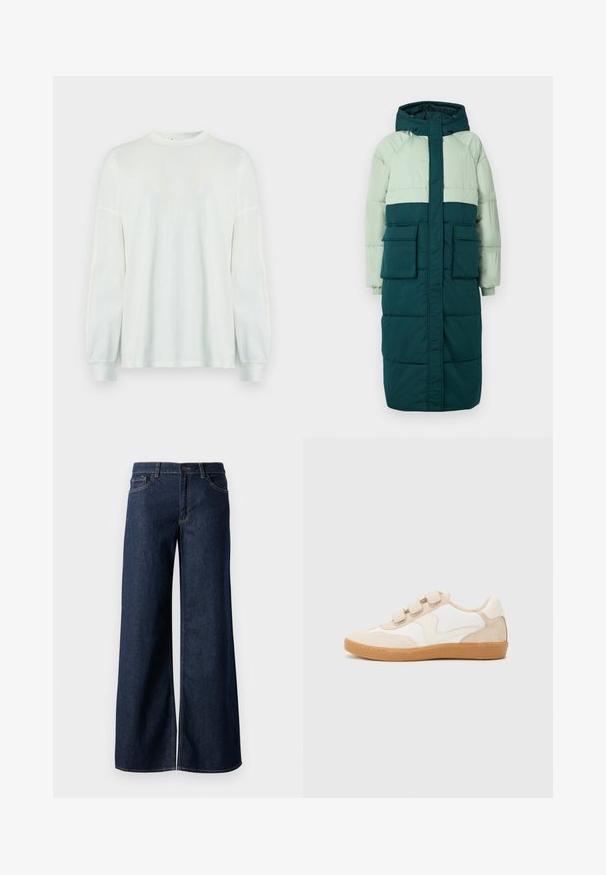 Manteau rembourré avec capuche, avec un design coloré en bloc de vert clair et de bleu sarcelle, deux poches avant et des poignets côtelés.; Chemise blanche à manches longues en tissu léger. Comprend un col rond et des manches froncées pour une coupe décontractée. Design simple.; Jean large en denim bleu foncé. Présente des coutures contrastées, cinq poches et une fermeture par bouton à la taille. Texture lisse.; Baskets en cuir blanc et beige avec des accents en daim, dotées d'un bout rond, de trois bandoulières Velcro et d'une semelle en caoutchouc couleur gomme.