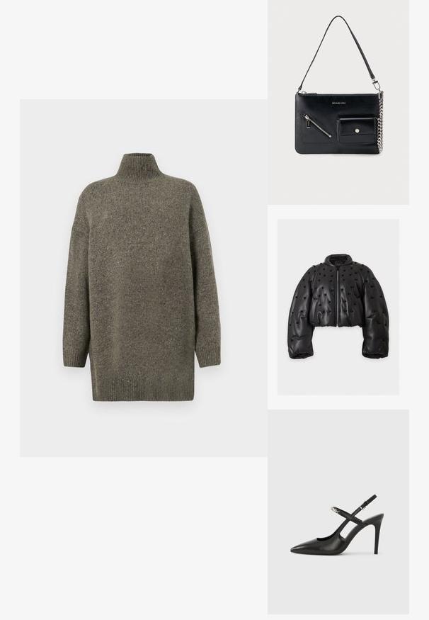 Veste courte matelassée noire avec fermeture éclair à l’avant, manches longues bouffantes et perles noires décoratives réparties uniformément sur la surface.; Pull en tricot vert foncé avec un col ribba haut, des manches longues et une coupe décontractée. Tissu texturé avec de subtiles variations.; Escarpins slingback en cuir noir avec bout pointu, design ajouré et bride ajustable ornée de ferrures métalliques.; Sac à bandoulière en cuir noir Michael Kors avec fermeture éclair supérieure, poche avant zippée en diagonale, poche à rabat avec bouton-pression et détail en chaîne argentée.