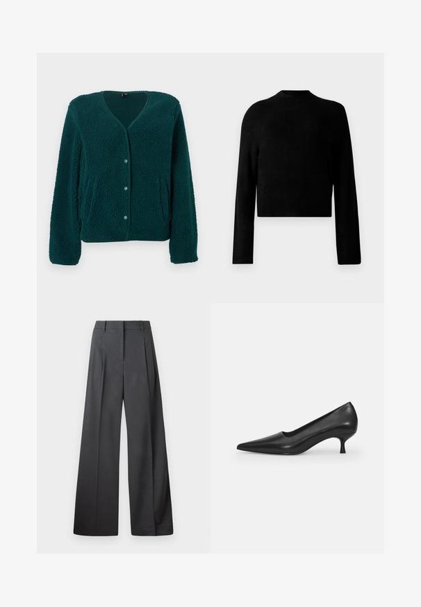 Grøn fleececardigan med V-udskæring, fem knapper, to sidelommer og tekstureret stof. Blødt, hyggeligt materiale med en afslappet pasform.; Sort cropped sweatshirt med lange ærmer, rund halsudskæring, ribbet struktur og en glat finish. Ingen synlige mønstre eller hardware detaljer.; Bredde benbukser i mørkegrå stof, med høj talje, enkelte læg og en glat tekstur med en ren finish ved kanten.; Sort læder højhælet sko med spids tå, buet design og en slank 5 cm hæl. Glat tekstur med minimale udsmykninger.