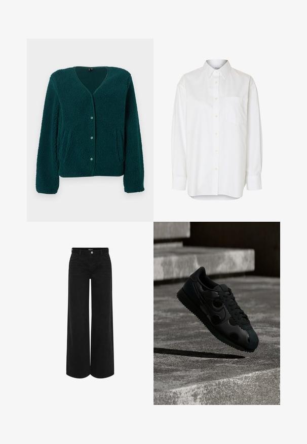 Grøn fleececardigan med V-udskæring, fem knapper, to sidelommer og tekstureret stof. Blødt, hyggeligt materiale med en afslappet pasform.; Hvid langærmet skjorte med knapper, spids krave og brystlomme, vist mod en ensfarvet baggrund.; Sorte vidde denimbukser med høj talje, der har en frontknaplukning, to sidelommer og et klassisk femlomme-design.; Sort sneakersko med rillet sål og cirkulært detaljer på siden, svævende over en betonoverflade med trapper i baggrunden.
