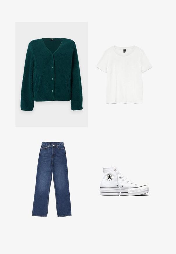Grüne Fleece-Strickjacke mit V-Ausschnitt, fünf Knöpfen, zwei Seitentaschen und strukturierter Stoffoberfläche. Weiches, gemütliches Material mit entspannter Passform.; Weißes T-Shirt mit kurzen Ärmeln und rundem Ausschnitt, hergestellt aus leichtem Stoff. Schlichtes Design, glatte Textur und gerader Saum.; Weite blaue Jeans mit hoher Taille, Knopfverschluss, fünf Taschen und subtilen Verwaschungen auf dem Stoff.; Weißer Converse Chuck Taylor All Star High-Top-Sneaker mit schwarzem Logo-Patch und weißen Schnürsenkeln, dargestellt auf weißem Hintergrund.