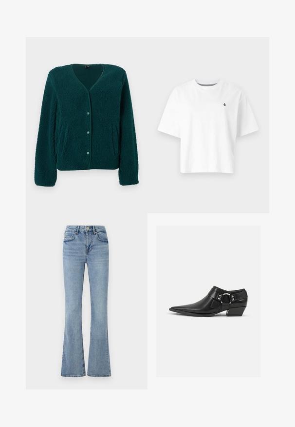 Groen fleecevest met een V-hals, vijf knopen, twee zijzakken en een gestructureerde stof. Zacht, comfortabel materiaal met een ontspannen pasvorm.; Witte katoenen T-shirt, cropped ontwerp, korte mouwen, ronde halslijn, met een klein zwart logo op de linkerborst.; Lichtblauwe denim jeans met een hoge taille, een knoop- en ritsluiting aan de voorkant, vijf zakken en licht uitlopende pijpen.; Zwarte leren enkellaarzen met een spitse neus, voorzien van een leren band aan de voorkant en een zilveren gesp detail, en een lage, blokhak.