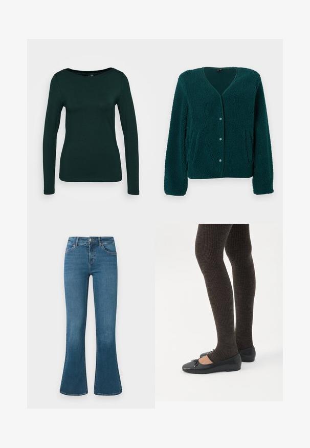 Chaqueta de forro polar verde con cuello en V, cinco botones, dos bolsillos laterales y tejido texturizado. Material suave y acogedor con un ajuste relajado.; Parte superior de manga larga en verde oscuro, fabricada con tela suave. Presenta un escote redondo y un diseño ajustado con bordes sin costuras. Estilo minimalista.; Jeans de mezclilla azul de corte acampanado con una cintura de media altura, diseño de cinco bolsillos y un sutil detalle de costura. Textura suave con un lavado clásico.; Piernas con leggings oscuros acanalados combinados con bailarinas negras que presentan pequeños detalles de lazo sobre un fondo blanco.