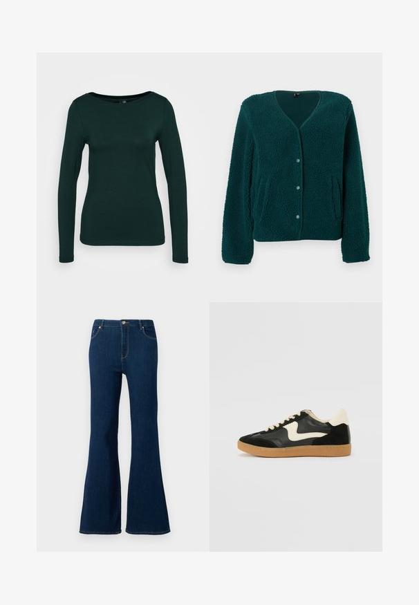 Zelený fleece sveter na zapínanie s výstrihom do V, piatimi gombíkmi, dvoma bočnými vreckami a textúrovanou tkaninou. Mäkký, pohodlný materiál s voľným strihom.; Dlhý rukáv top v tmavozelenej farbe, vyrobený z mäkkej textílie. Má okrúhly výstrih a priliehavý strih s bezšvovými okrajmi. Minimalistický štýl.; Rozšírené tmavomodré džínsy vyrobené z denimu. Medzi vlastnosti patrí zapínanie na prednom gombíku, dizajn s piatimi vreckami a prešívané detaily na vreckách.; Čierne semišové a kožené tenisky s krémovým bočným prešívaním a svetlo krémovou pätou. Obsahujú béžové šnúrky a podošvu z gumeného kaučuku.
